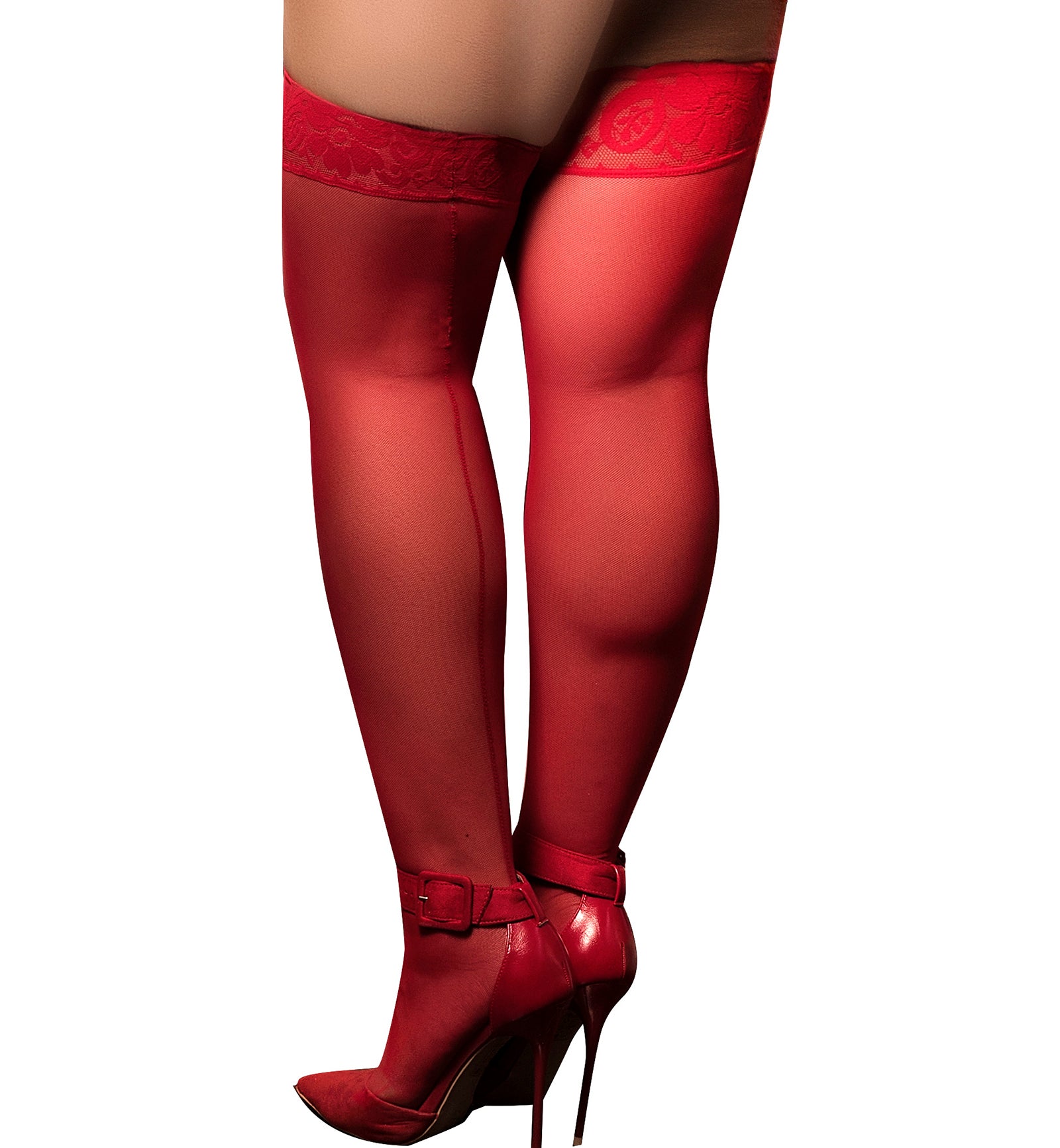 Mapale Mesh & Lace Thigh High Stockings PLUS (1094X),Red - Red,One Size